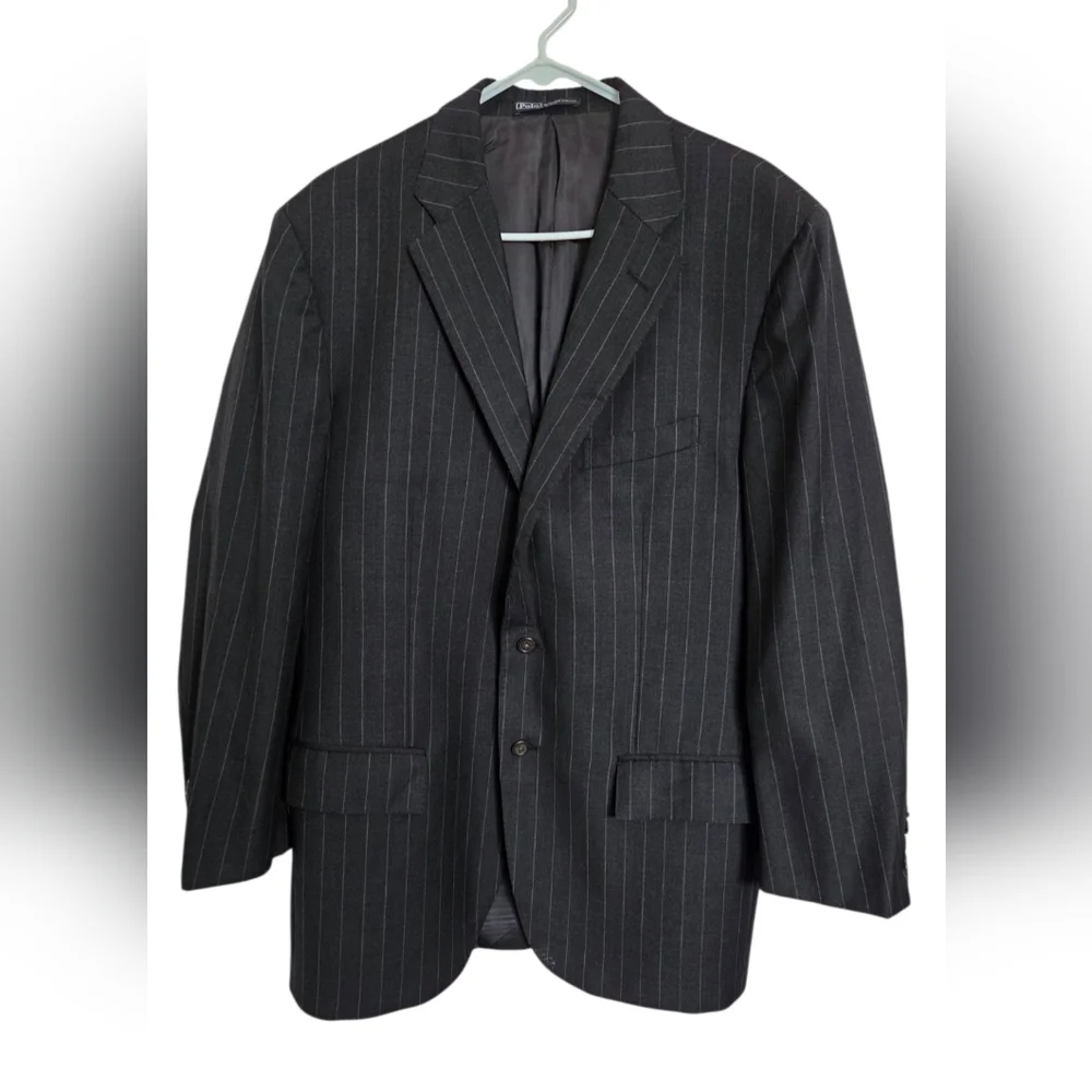 VTG Polo Ralph Lauren Italy Wool Pinstripe Blazer 44R Gray‎ Luxury Preppy Formal